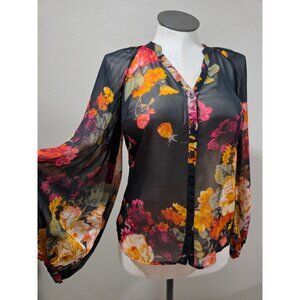 Worthington Sheer Black Floral Button-Down Blouse With Long Sleeves Small
